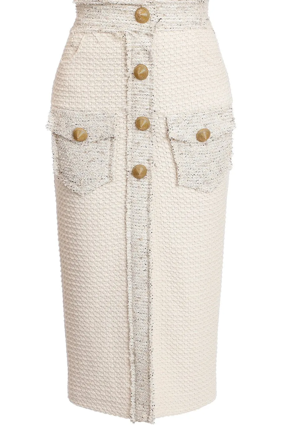 Two Pocket Button Tweed Midi Skirt