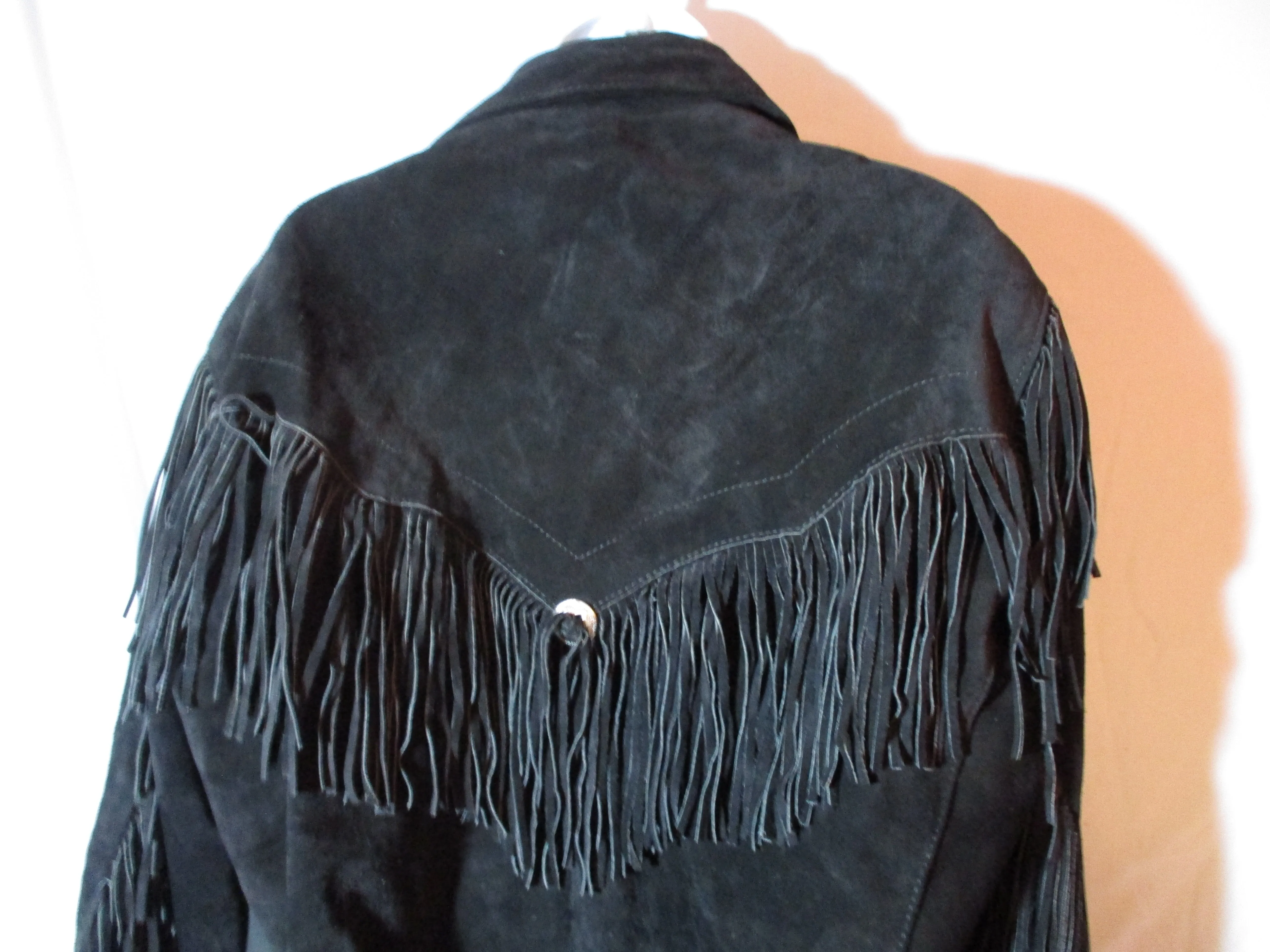 Vintage ARIAT LEATHERS USA Cowboy FRINGE Jacket Coat Hippie BLACK S