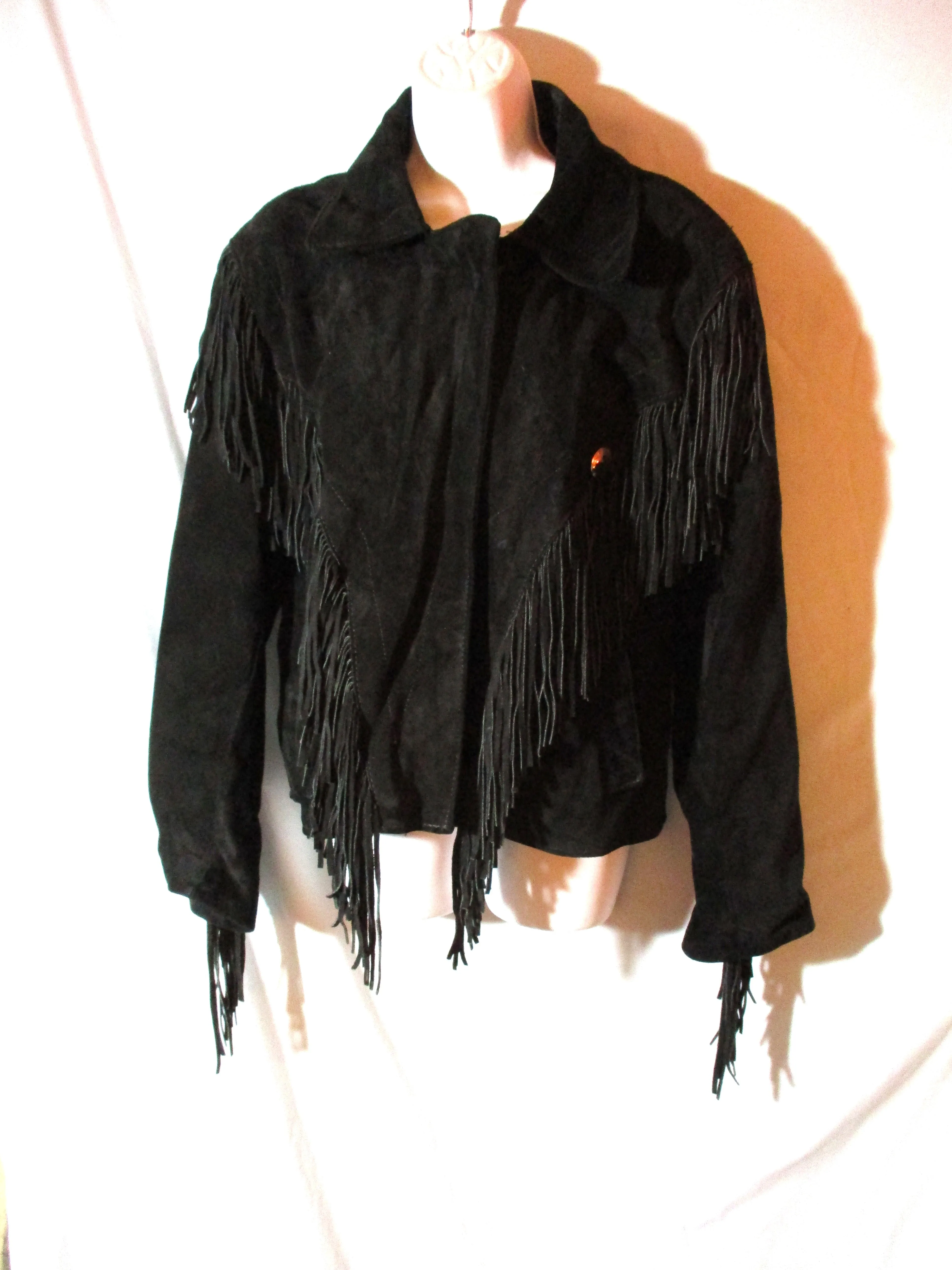 Vintage ARIAT LEATHERS USA Cowboy FRINGE Jacket Coat Hippie BLACK S