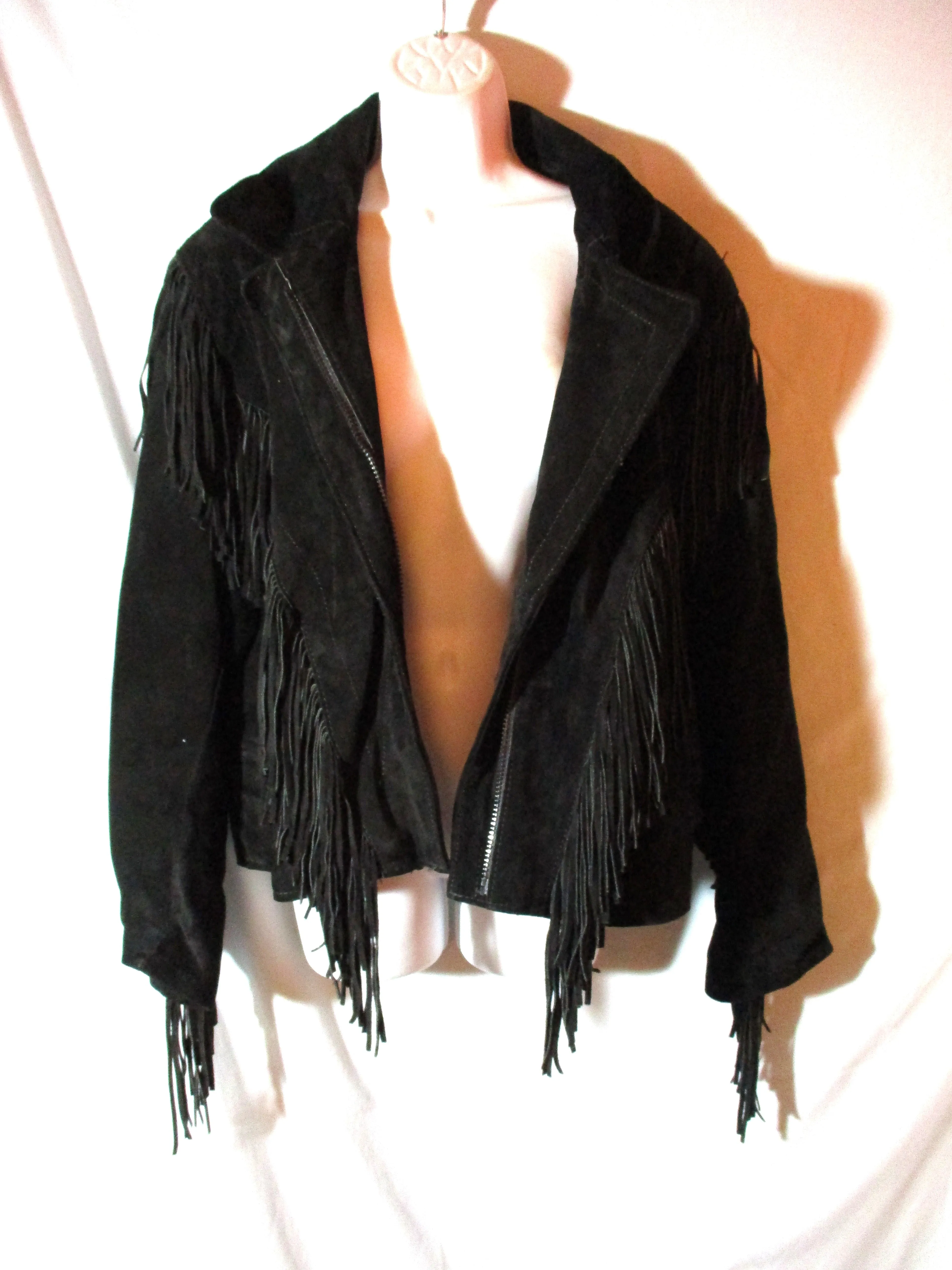 Vintage ARIAT LEATHERS USA Cowboy FRINGE Jacket Coat Hippie BLACK S