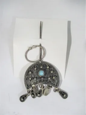 Vintage Ethnic Dangle Pin Brooch Silvertone Blue Boho Bohemian Hippie
