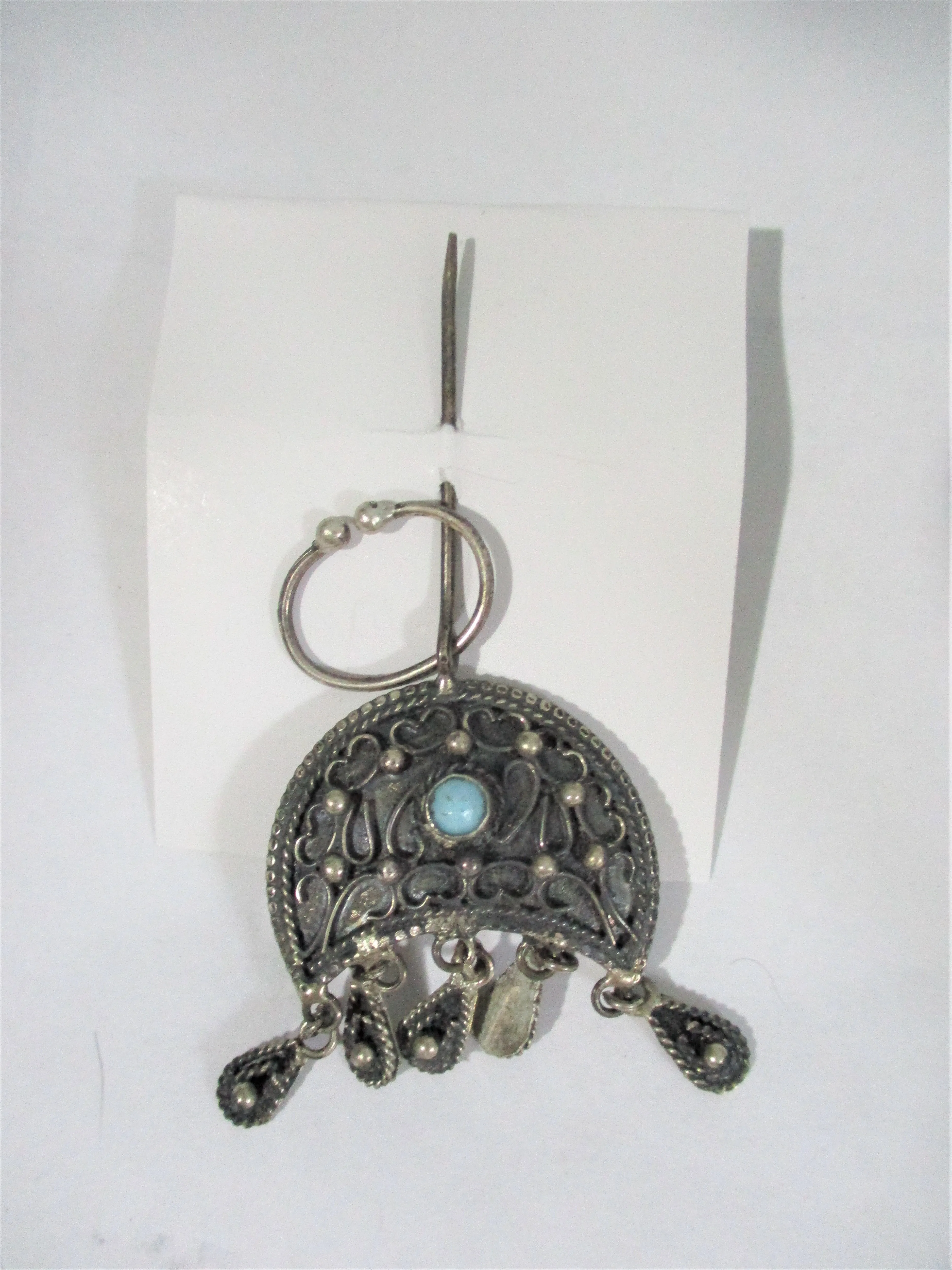 Vintage Ethnic Dangle Pin Brooch Silvertone Blue Boho Bohemian Hippie
