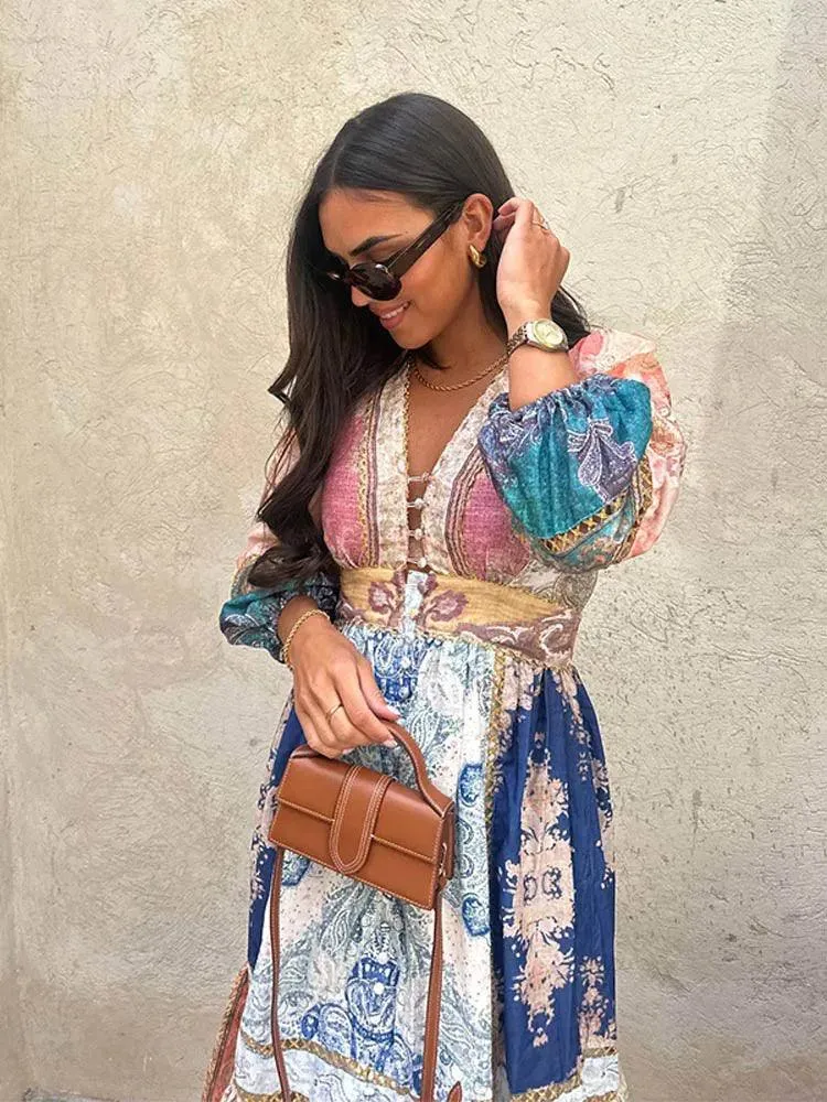 Vintage Patchwork Maxi Dress: Bohemian Chic V-Neck Statement Piece