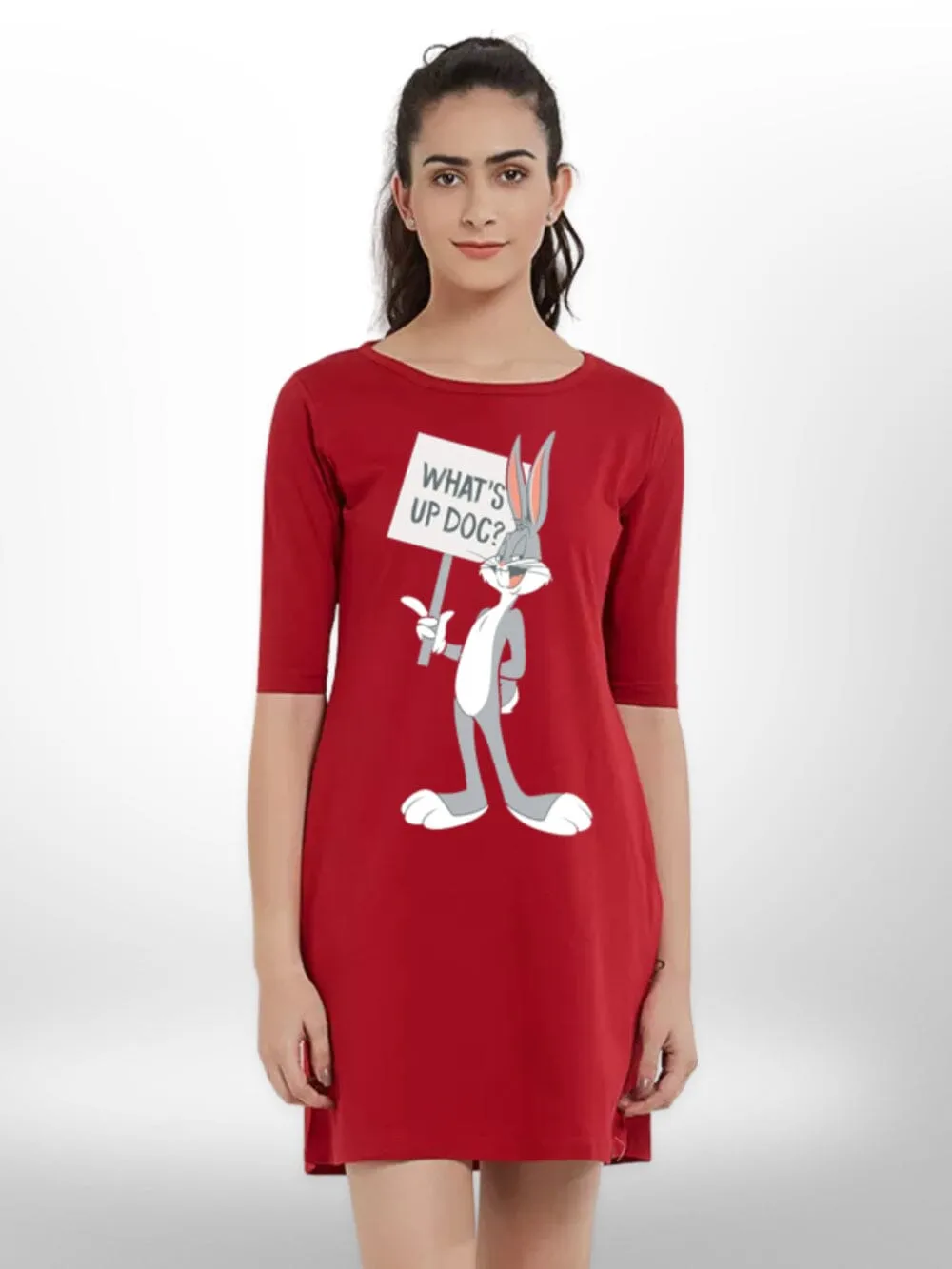 WHATS UP DOC PRINTED THREE QUARTER SLEEVE T-SHIRT SIDE POCKET FOR WOMEN'S