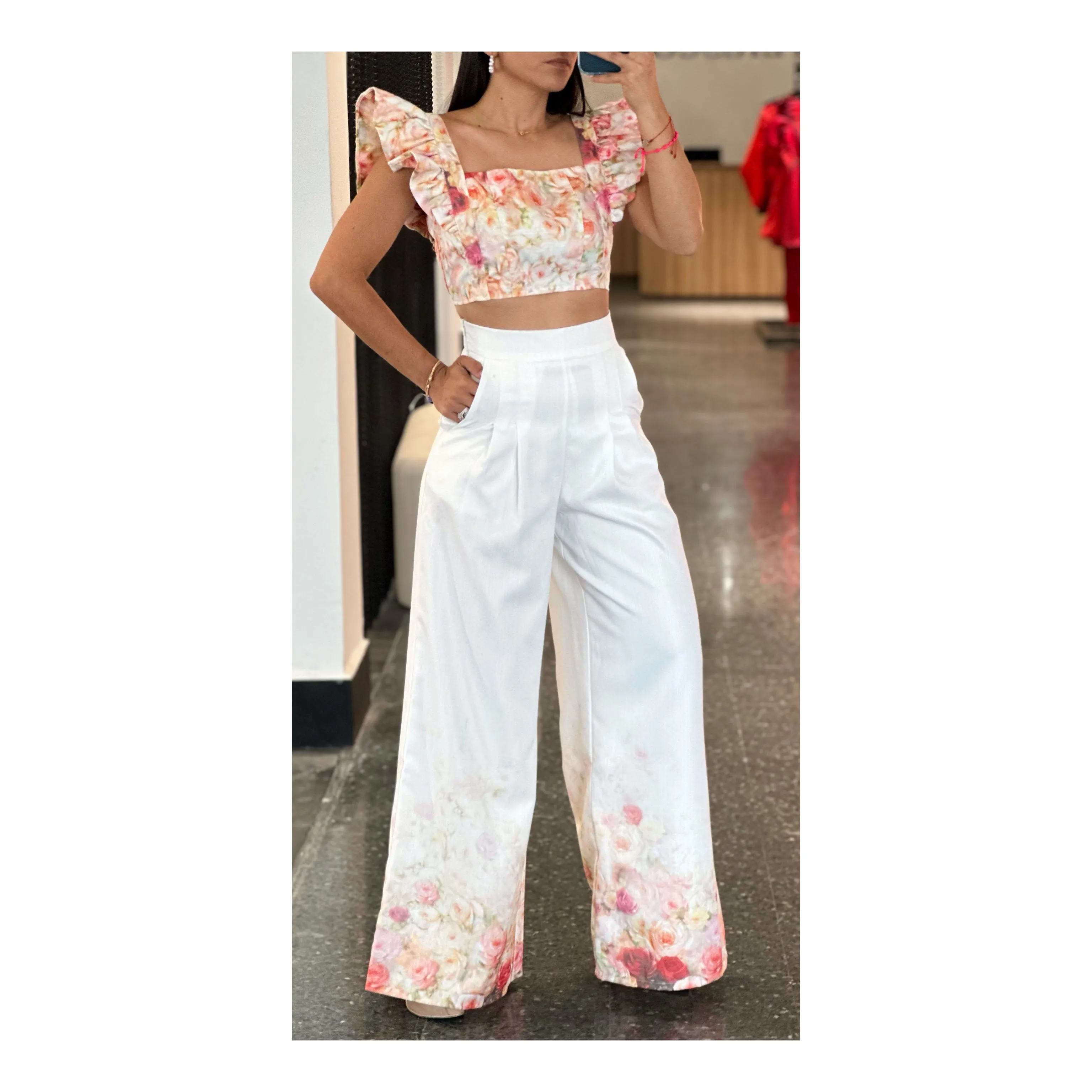 White Garden Print Hem Pants