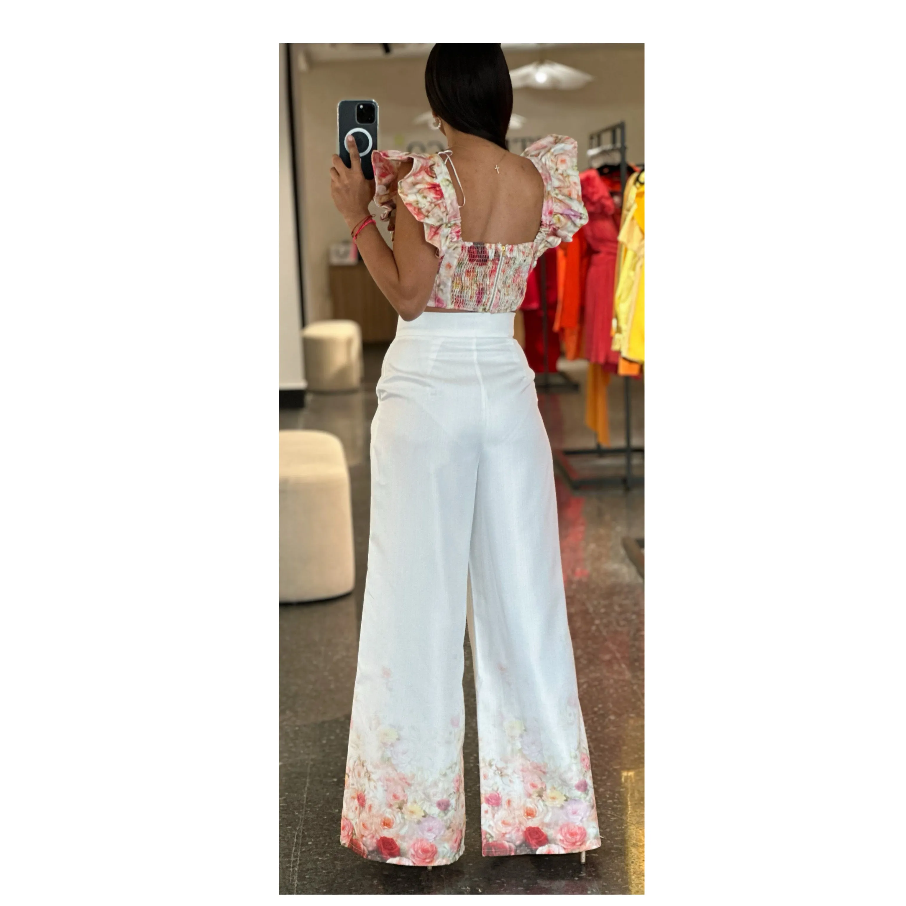 White Garden Print Hem Pants