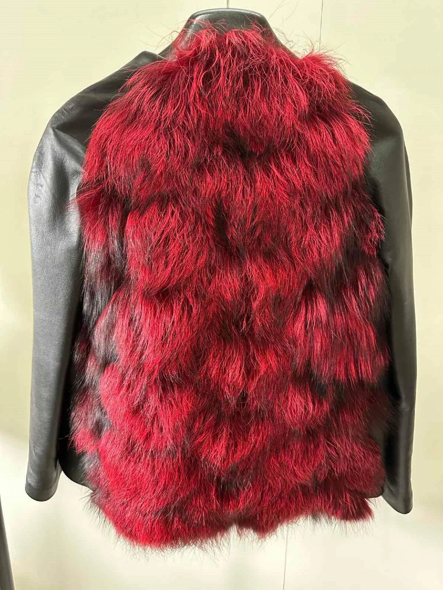 Women Red jacket сoat silver fox fur and leather, Stand with Ukraine