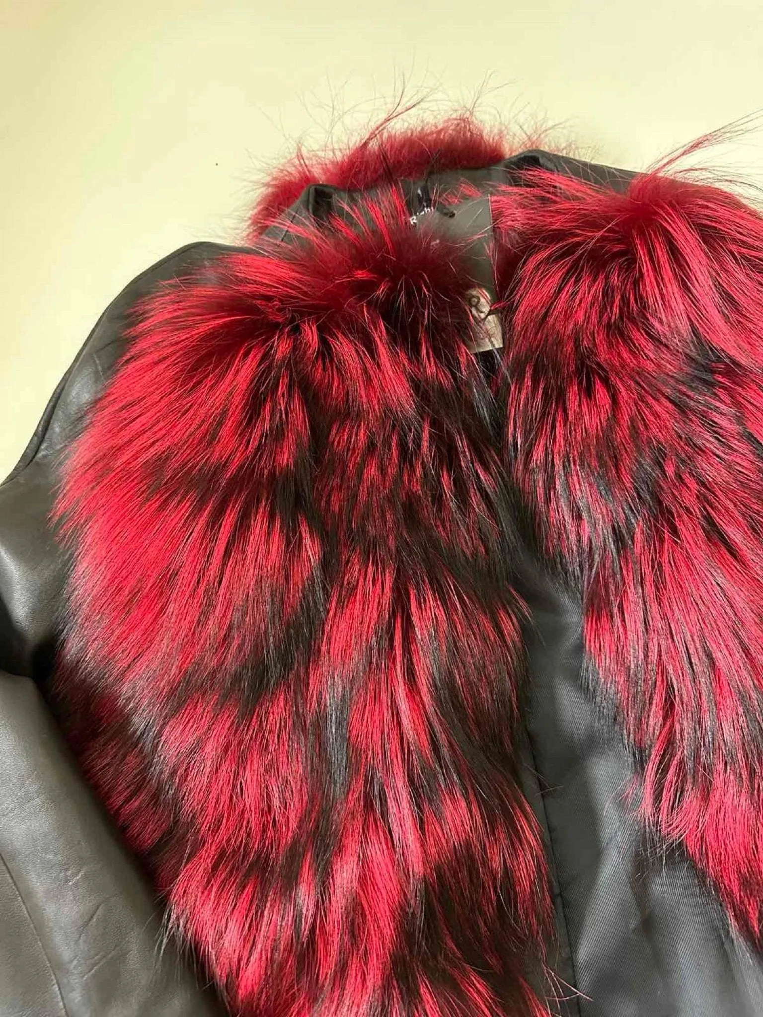Women Red jacket сoat silver fox fur and leather, Stand with Ukraine