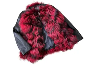 Women Red jacket сoat silver fox fur and leather, Stand with Ukraine