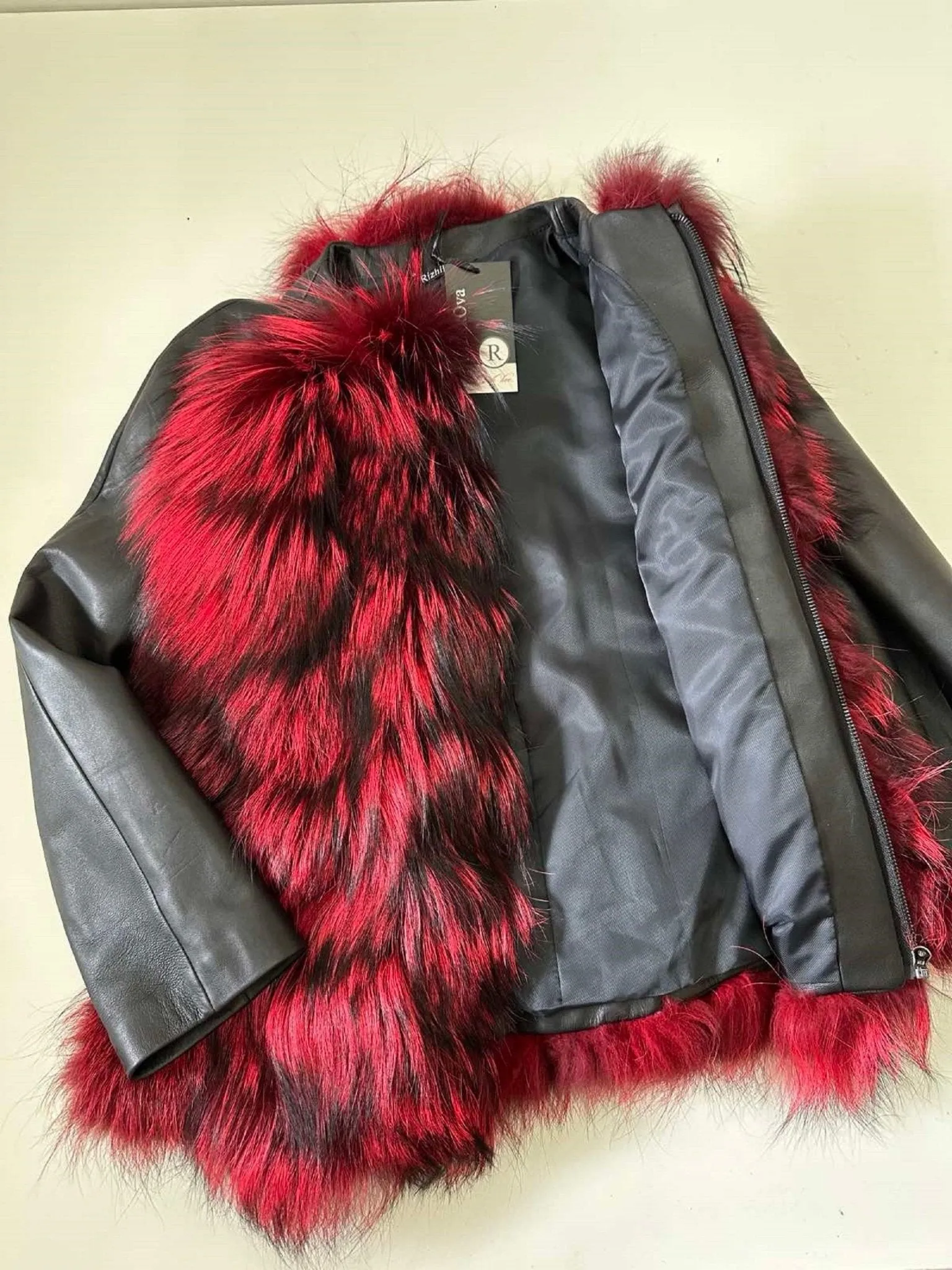 Women Red jacket сoat silver fox fur and leather, Stand with Ukraine