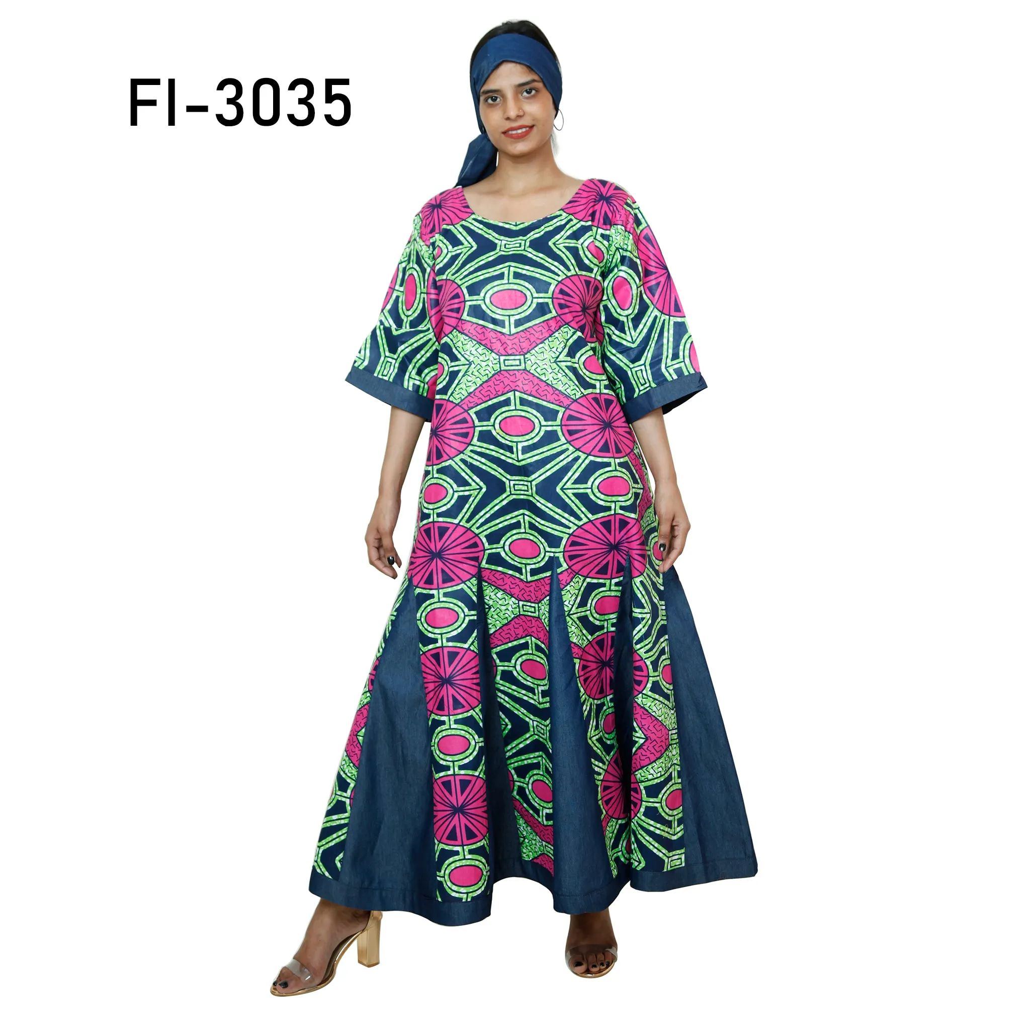 Women's Printed and Denim Long Sleeve Maxi Dress -- FI-3035