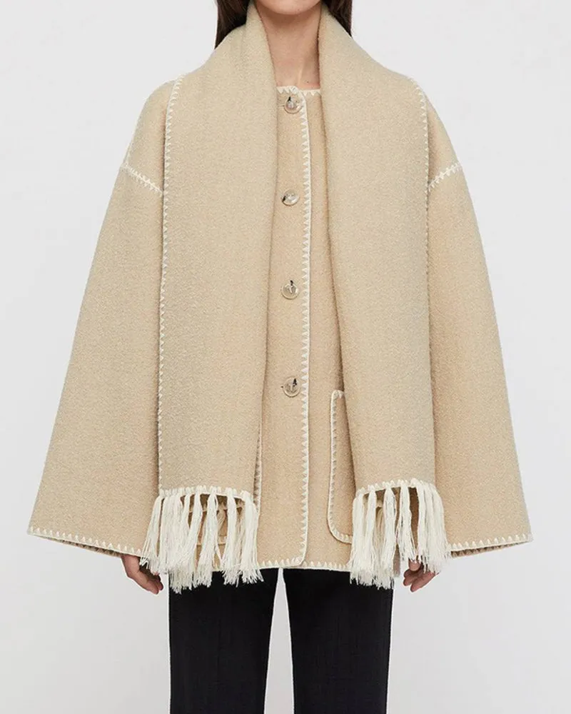 Women's Thickened Loose Woolen Coat with Fringed Scarf