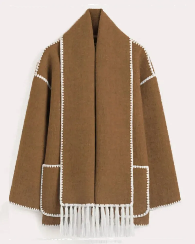 Women's Thickened Loose Woolen Coat with Fringed Scarf