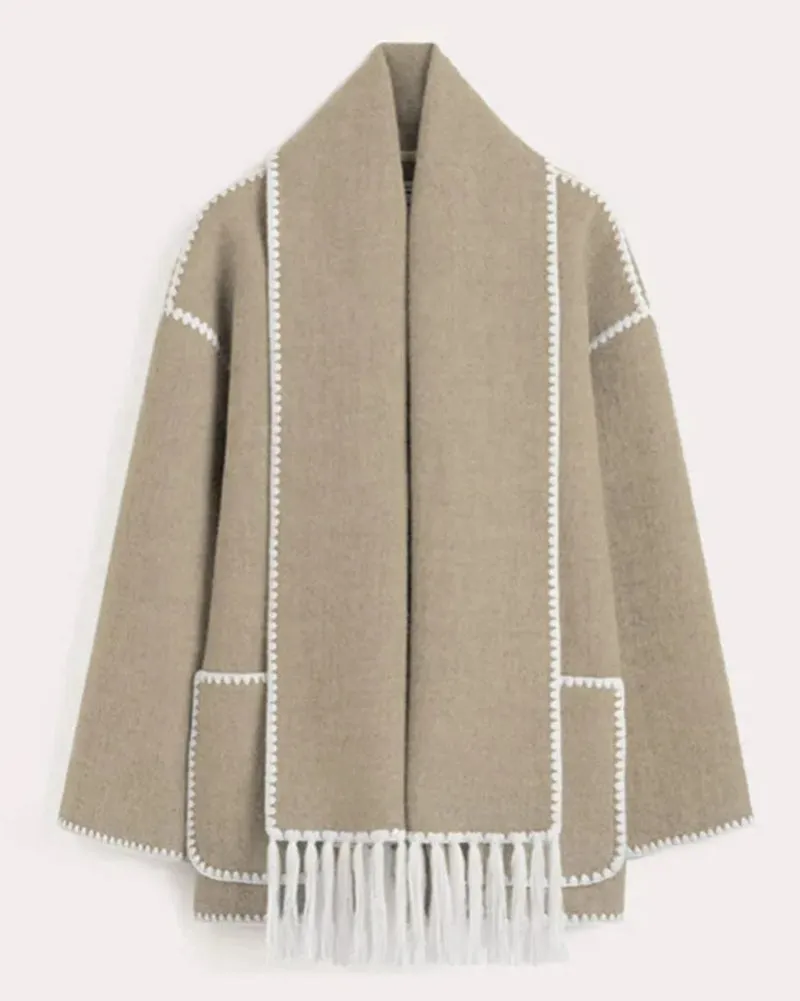 Women's Thickened Loose Woolen Coat with Fringed Scarf