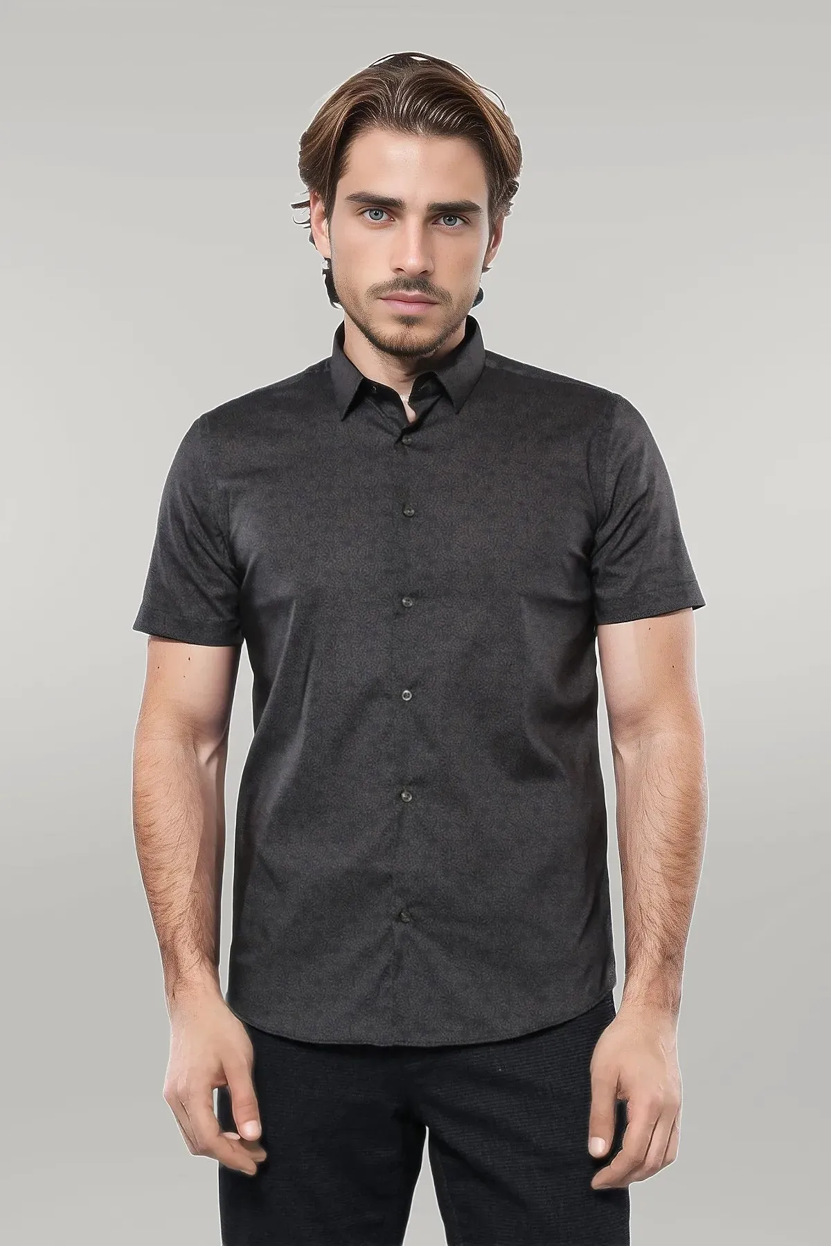 WSS Patterned Short Sleeves Khaki Men Shirt  - Singen