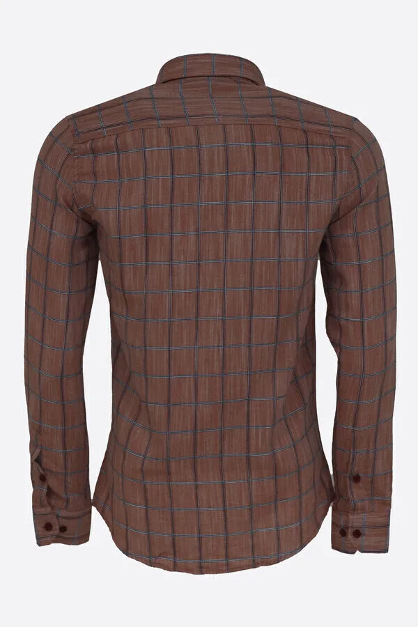 WSS Plaid Slim Fit Brown Men Shirt  - Singen