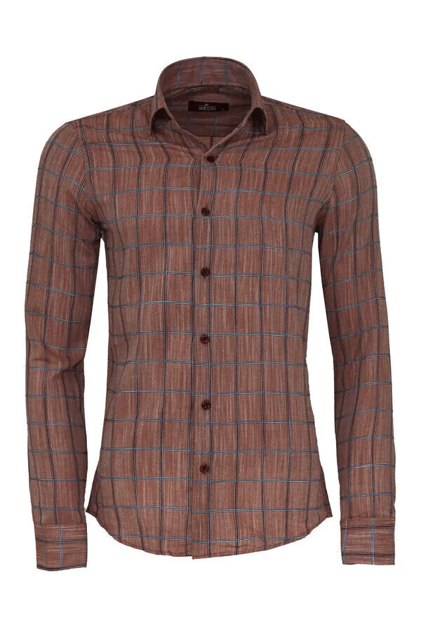 WSS Plaid Slim Fit Brown Men Shirt  - Singen