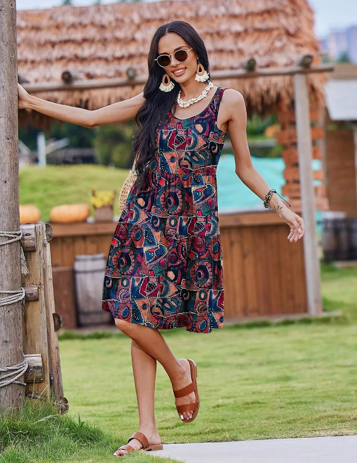 Zeagoo Boho Floral Casual Tank Dresses with Pockets