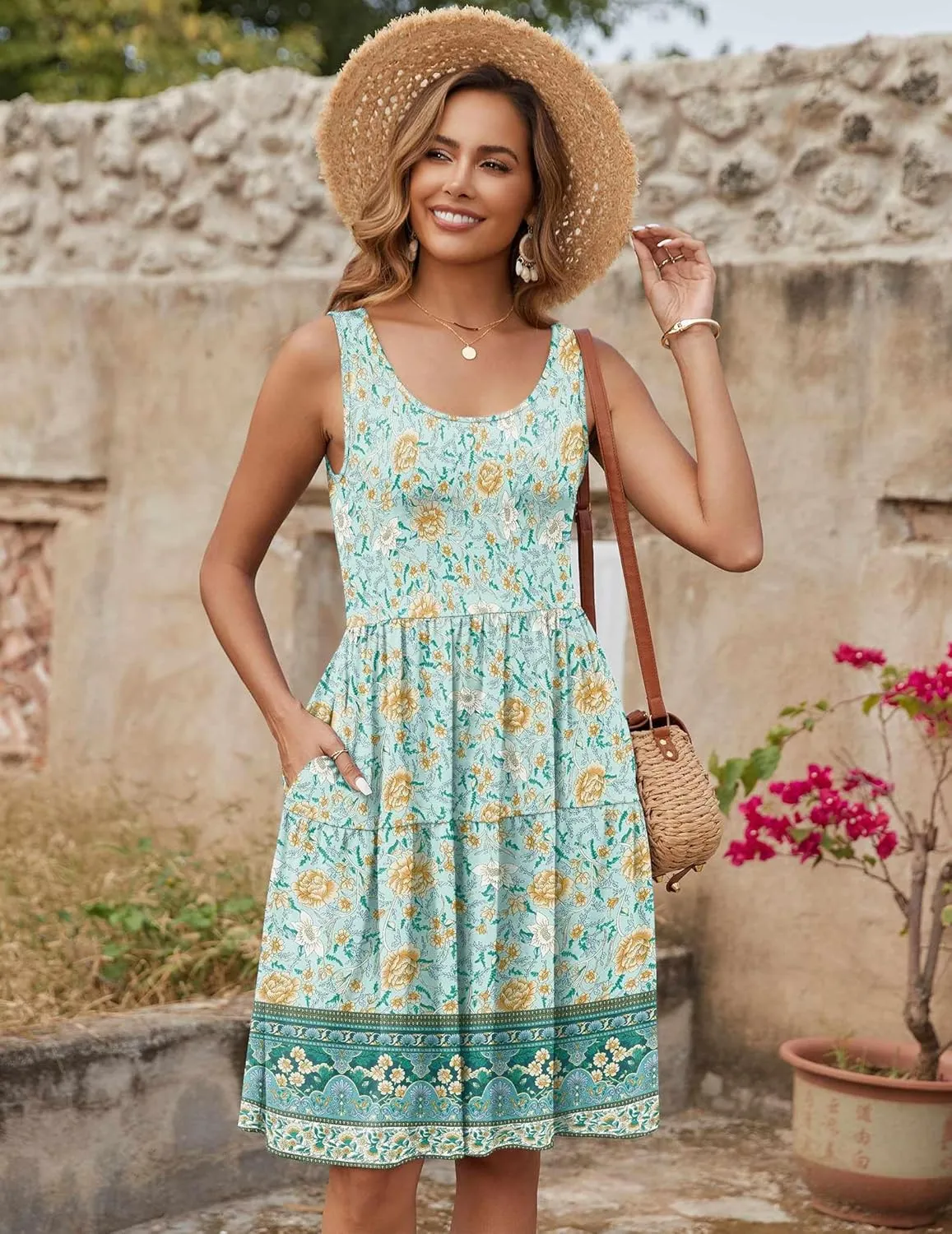 Zeagoo Boho Floral Casual Tank Dresses with Pockets