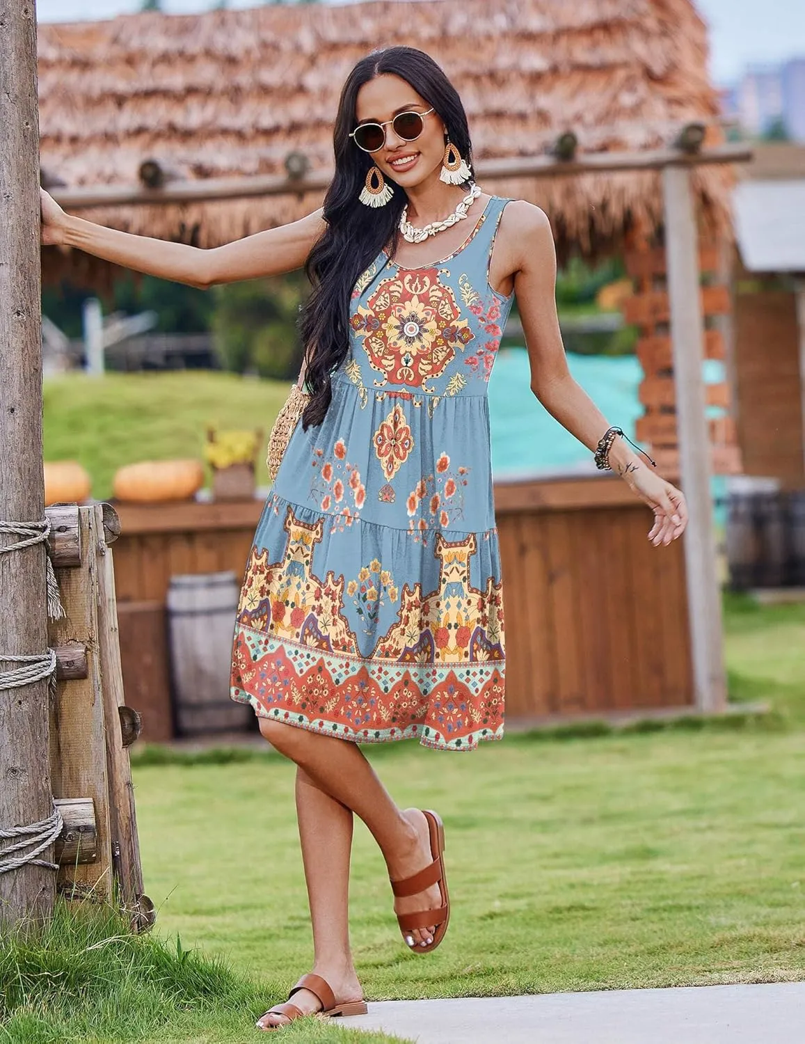 Zeagoo Boho Floral Casual Tank Dresses with Pockets