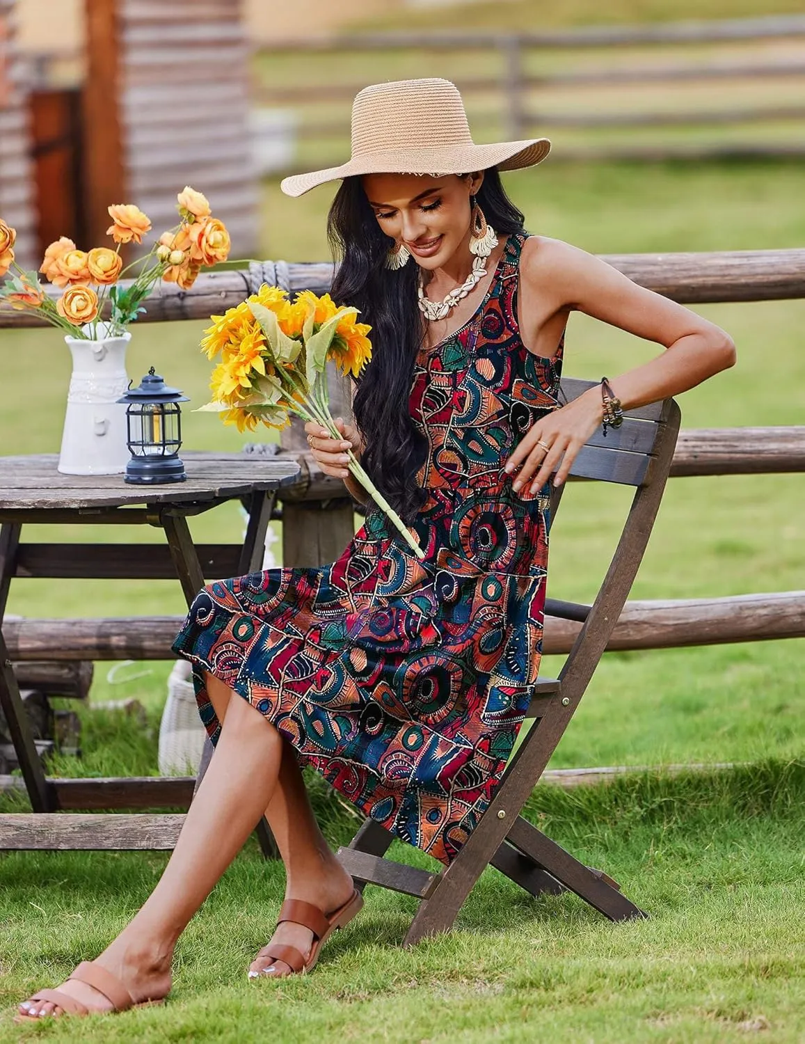 Zeagoo Boho Floral Casual Tank Dresses with Pockets