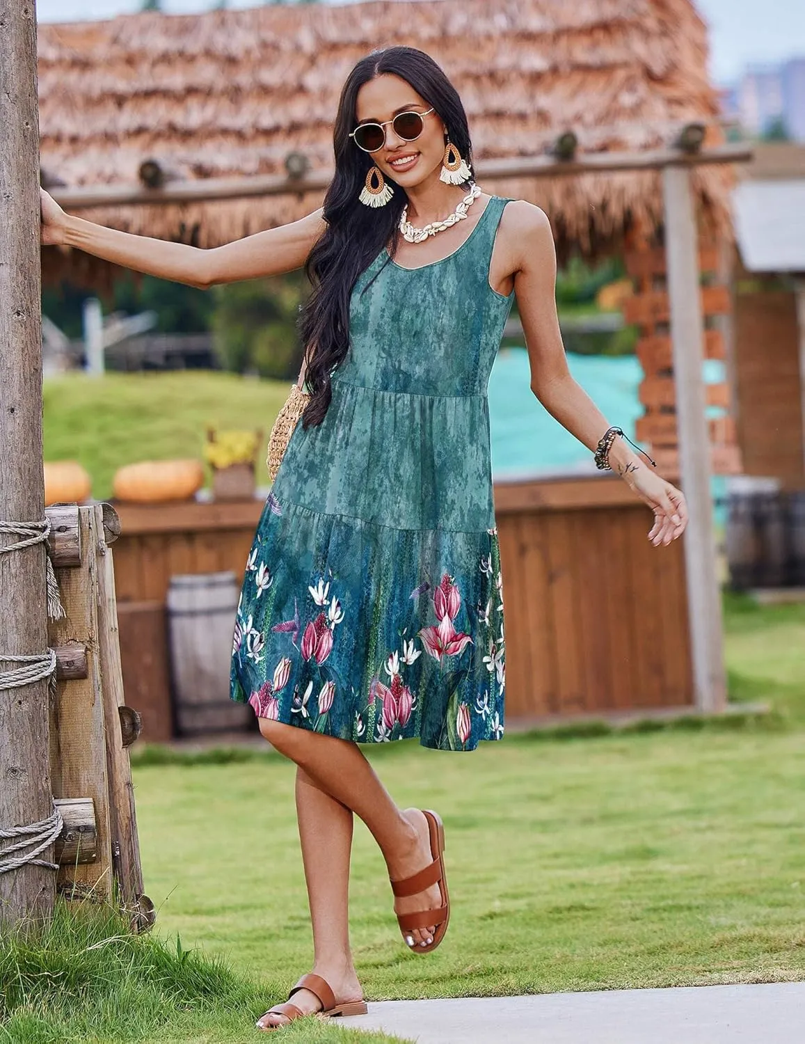 Zeagoo Boho Floral Casual Tank Dresses with Pockets
