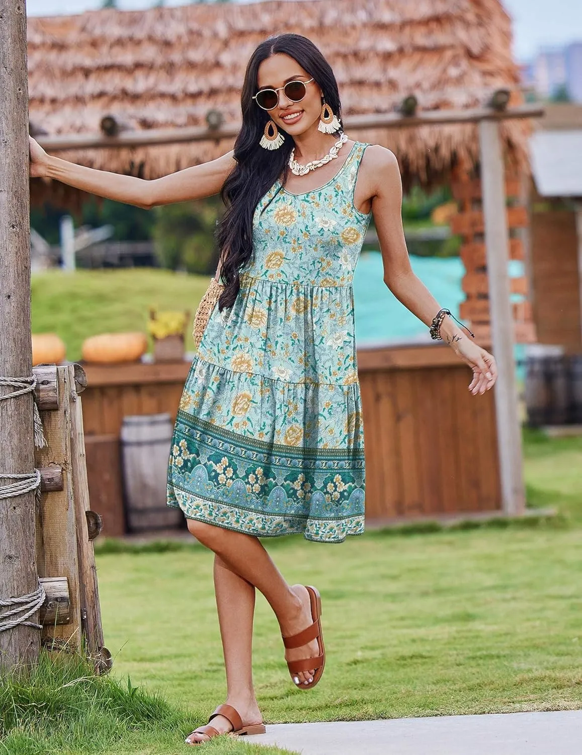 Zeagoo Boho Floral Casual Tank Dresses with Pockets