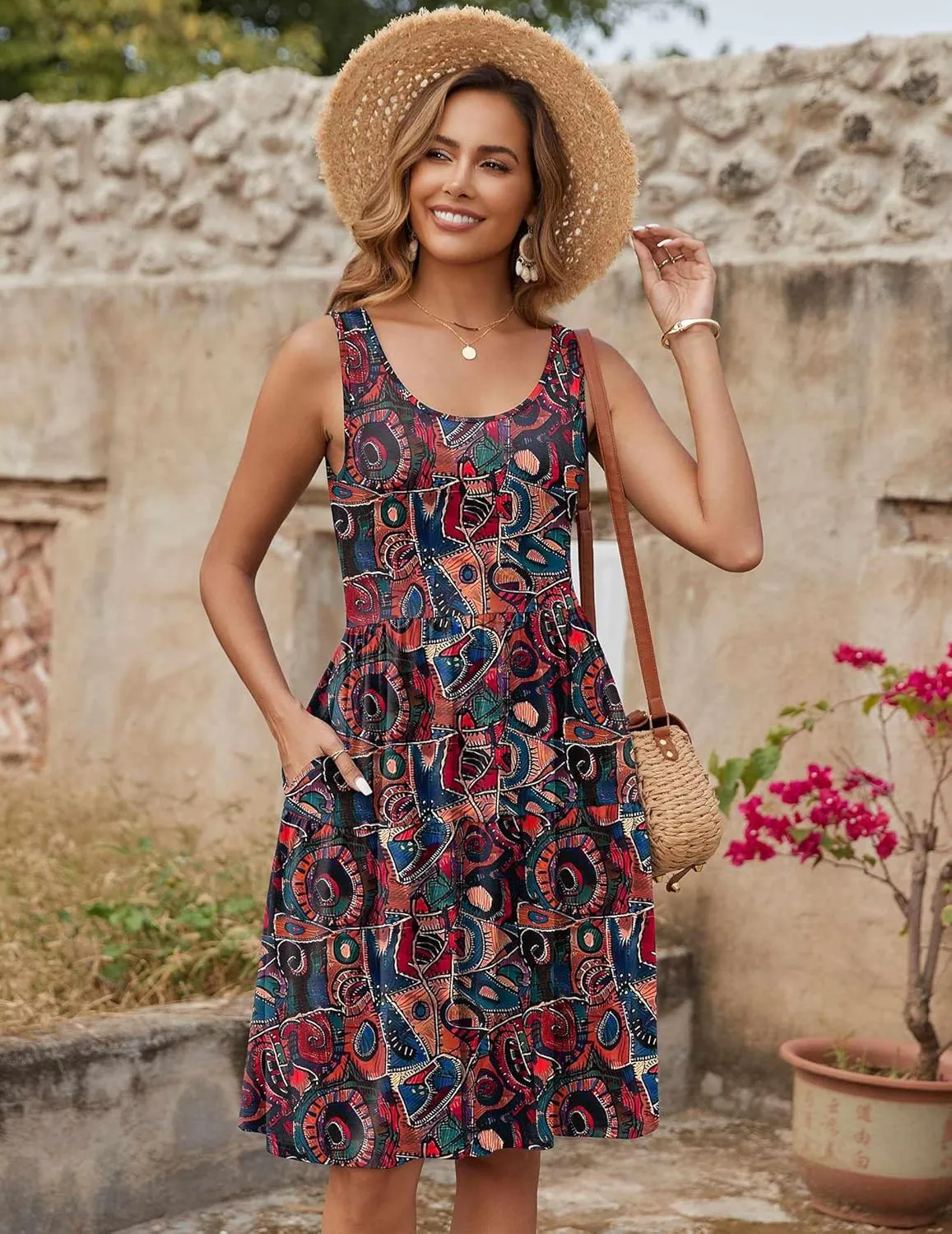 Zeagoo Boho Floral Casual Tank Dresses with Pockets