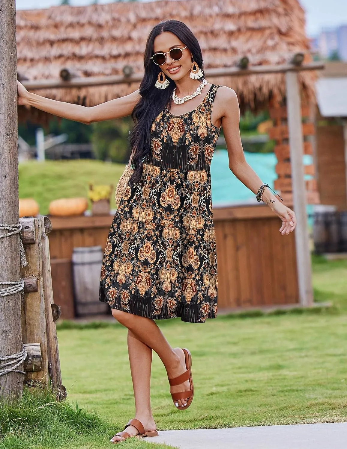Zeagoo Boho Floral Casual Tank Dresses with Pockets