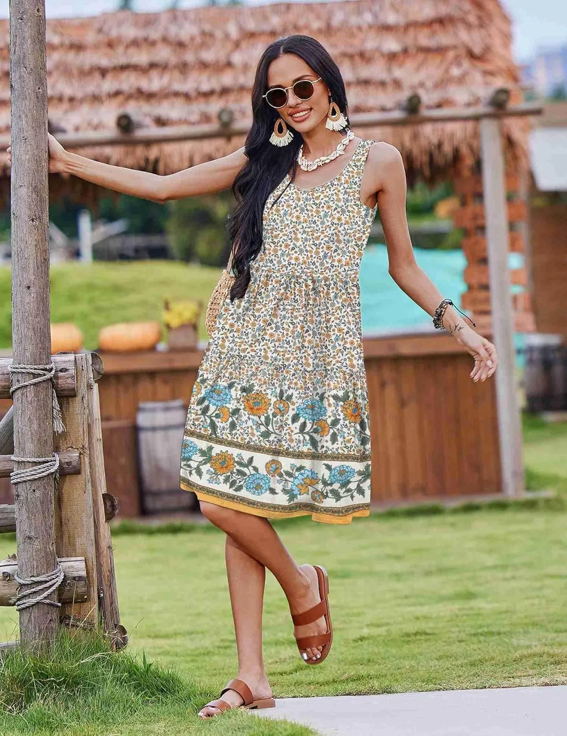 Zeagoo Boho Floral Casual Tank Dresses with Pockets