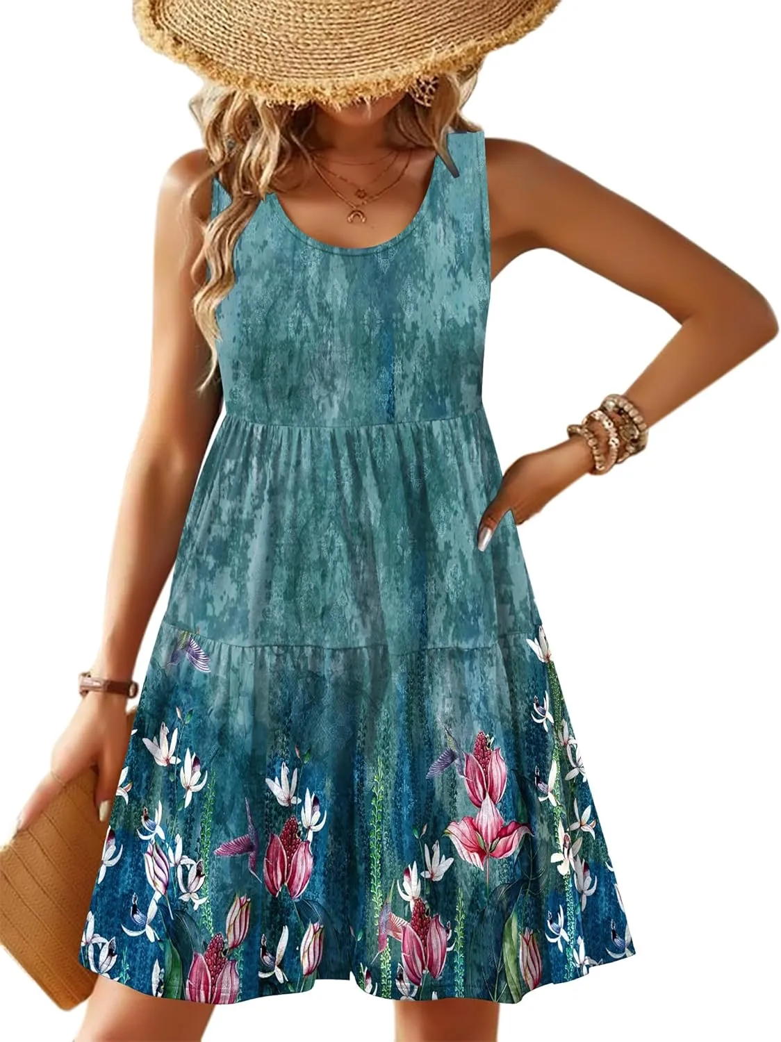 Zeagoo Boho Floral Casual Tank Dresses with Pockets