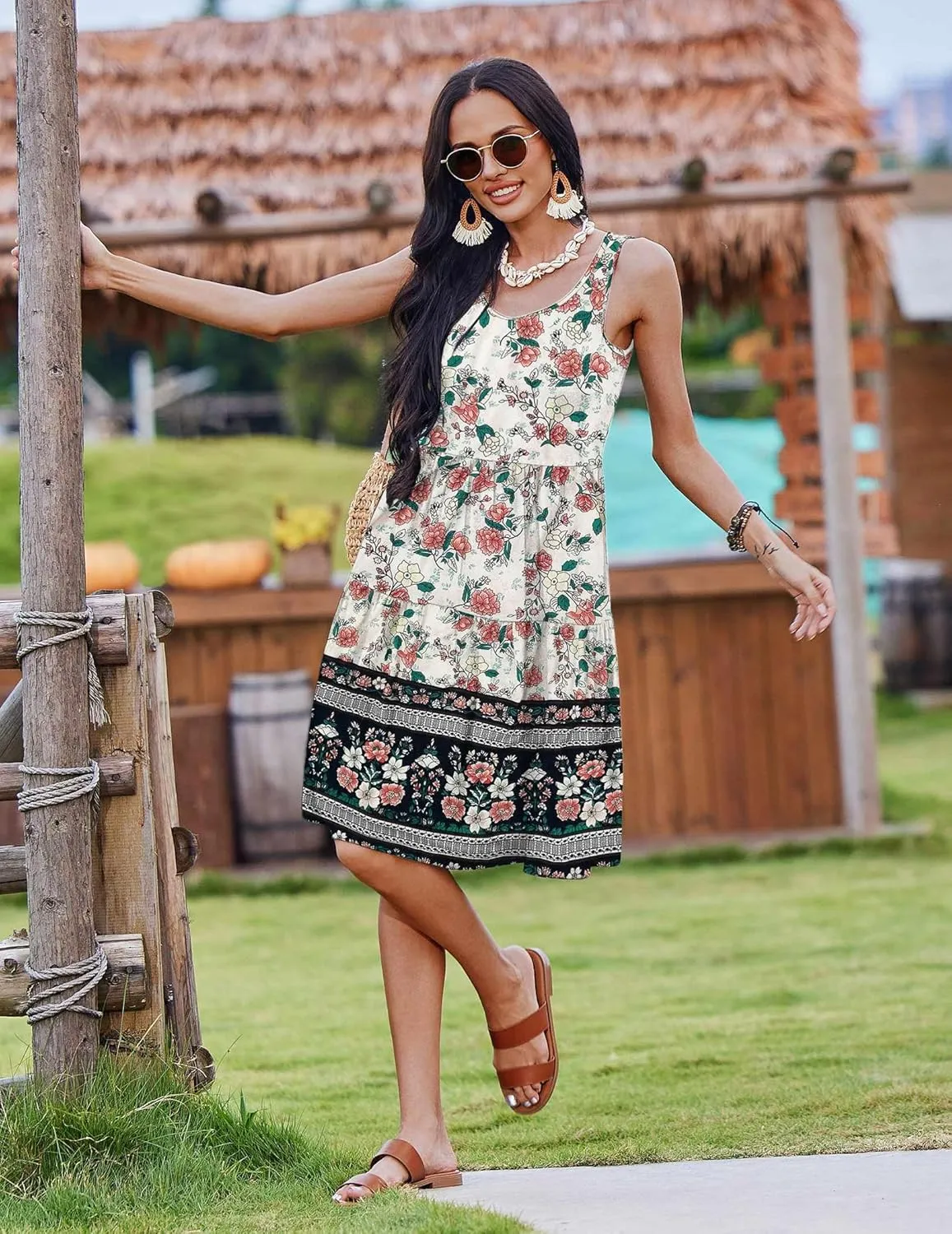 Zeagoo Boho Floral Casual Tank Dresses with Pockets