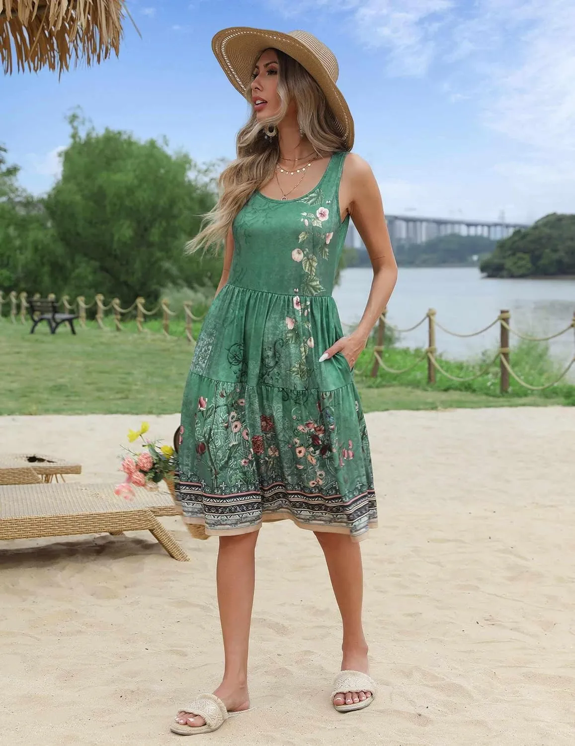 Zeagoo Boho Floral Casual Tank Dresses with Pockets