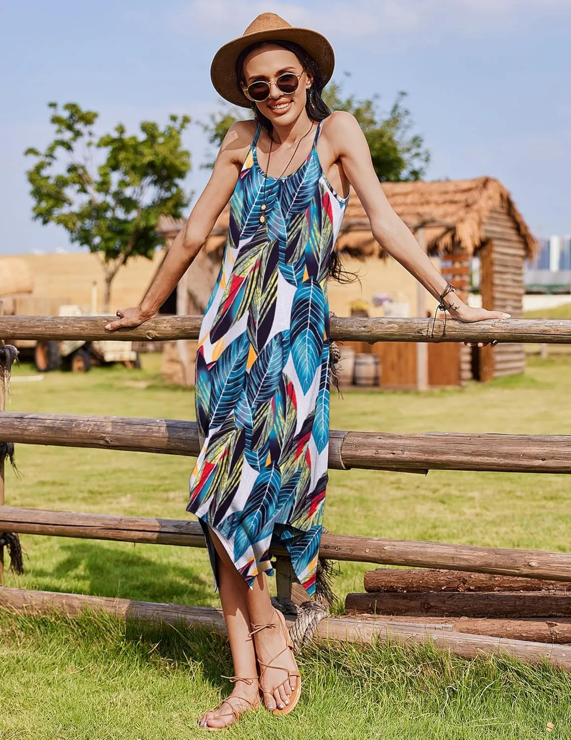 Zeagoo Women Midi Dress Bohemian Beach Cover Up Dress